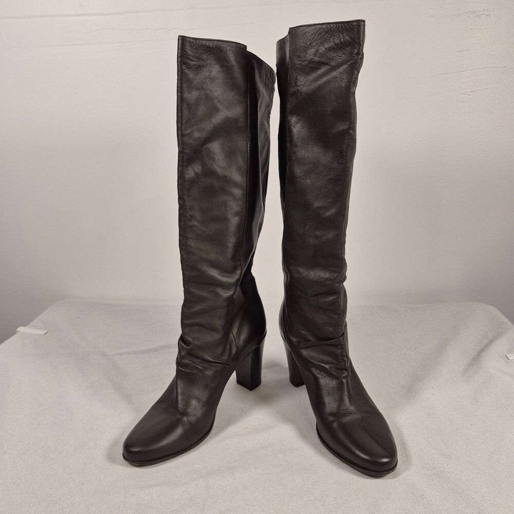 Bettye Muller Leather Tall Boots Women's 38.5/U.S. 8 Black Block Heel Italy